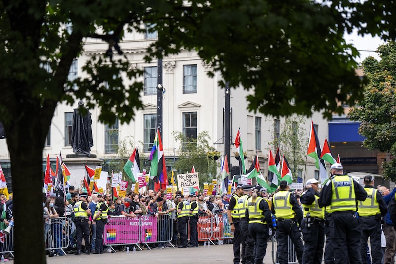 Activists from Stand Up To Racism Scotland gather in Glasgow’s George Square, in a counter protest to a far-right rally