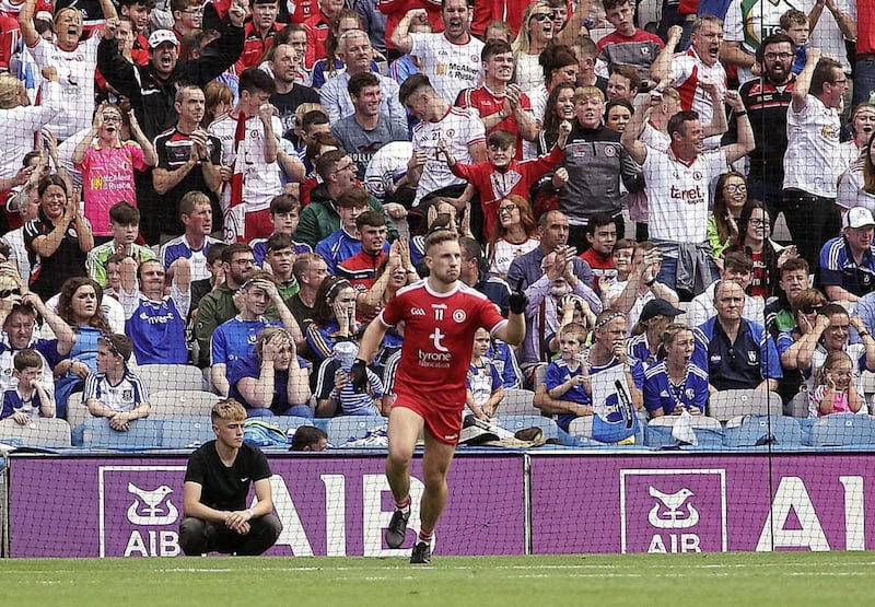 Niall Sludden celebrates his crucial goal for Tyrone against Monaghan in the All-Ireland SFC semi-final.<br /> Picture Seamus Loughran