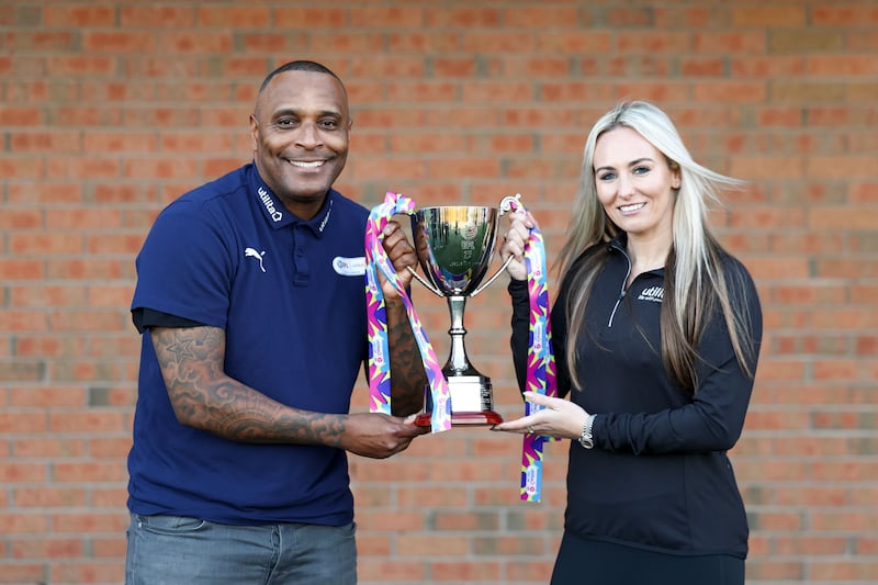 Toni Duggan (right) was at Walsall with Clinton Morrison (left) for the launch of the Utilita Kids and Girls Cup (Ryan Browne/Shutterstock)