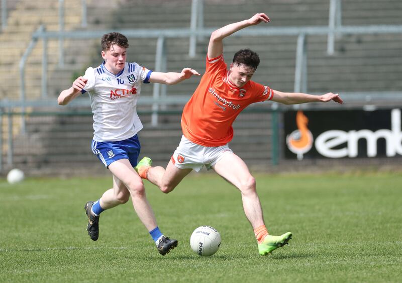 2024 Ulster GAA Minor Championship Playoffs Quarter Final 2.
Armagh's Eoin Duffy  and Monaghan's Luke McKenna  during Saturday's game at the  Athletic Grounds in Armagh.
PICTURE COLM LENAGHAN