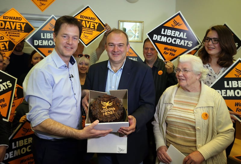 Then-Lib Dem Nick Clegg (left) with Ed Davey, who was at the time energy secretary, during the 2015 general election