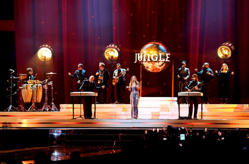 Jungle performing on stage during the Brit Awards 2024 at the O2 Arena