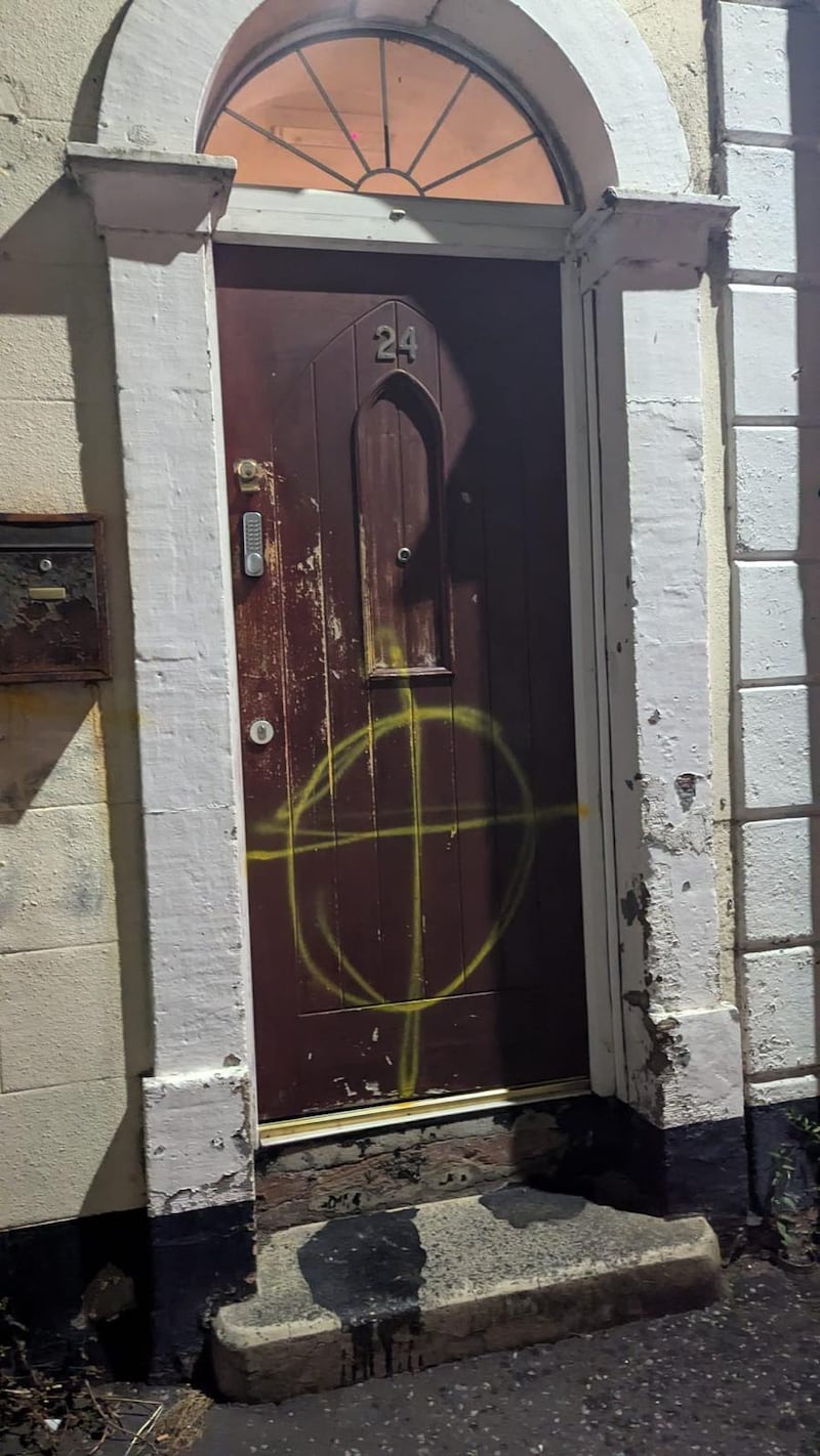 A target painted on the door of the Bangladesh Islamic Centre in Newtownards. PICTURE: ABDUL ROB