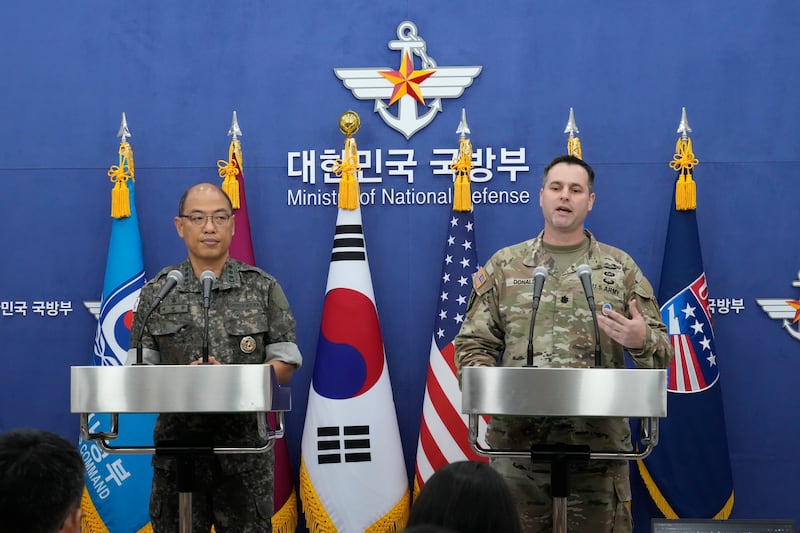 Colonel Ryan Donald, right, CFC/UNC/USFK public affairs director, and Colonel Lee Sung-jun of South Korea’s JCS public affairs director, attend a press briefing of the Ulchi Freedom Shield exercises at the Defence Ministry in Seoul, South Korea (Ahn Young-joon/AP)