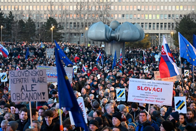 Thousands of protesters gather to oppose the policies of Slovakia’s Prime Minister Robert Fico in Bratislava, Slovakia (Denes Erdos/AP)