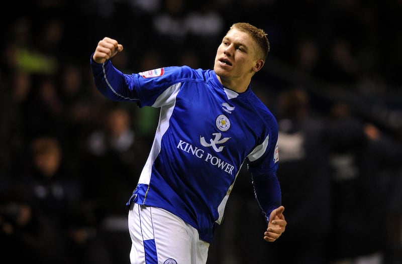 Leicester’s Martyn Waghorn celebrates scoring his side’s second and winning goal against Bristol City