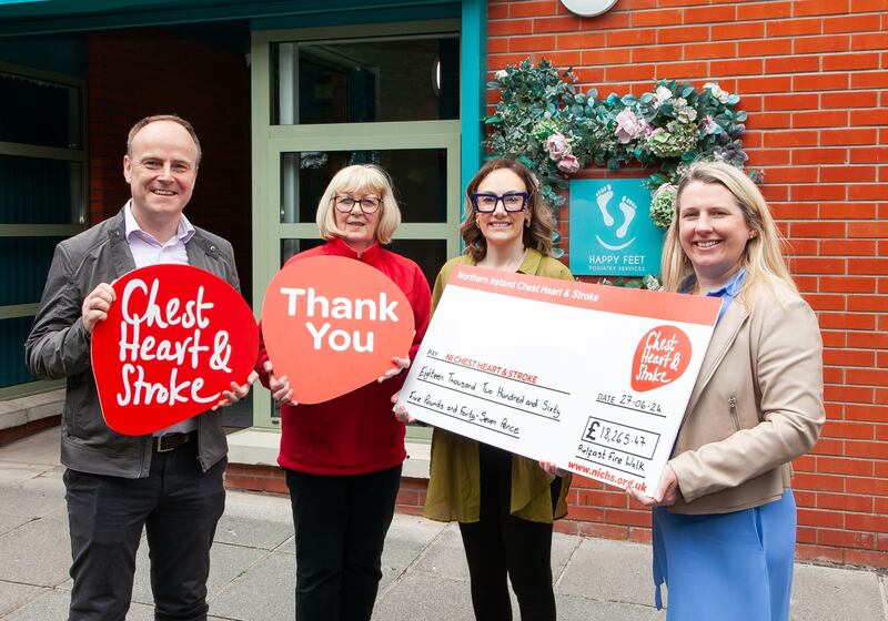 L to R: Gavin Adams, Director of Income Generation, Valerie Saunders, Community Fundraising Co-ordinator, from NICHS, Jennie, and Gerardette McGivern, Happy Feet Podiatry. PICTURE: NICHS