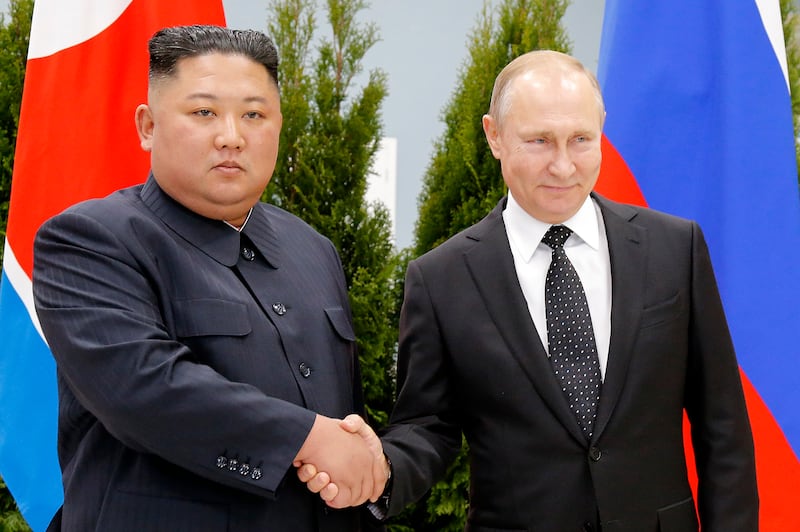 Russian President Vladimir Putin, right, and North Korea’s leader Kim Jong Un (AP/Alexander Zemlianichenko)