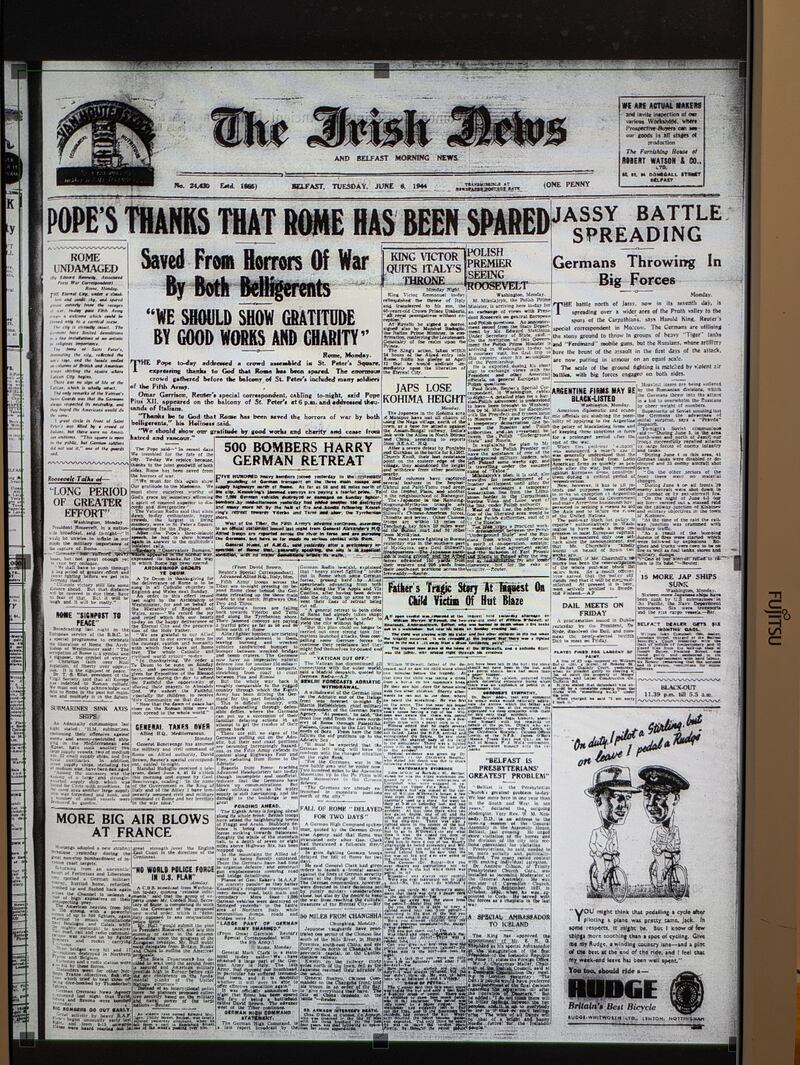 Front pages from the Irish News recorded how the D Day landings unfolded in June 1944. PICTURE: BRITISH LIBRARY ARCHIVE