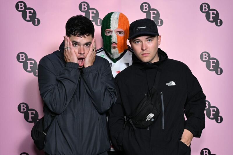 (L-R) Móglaí Bap, Dj Provaí, and Mo Chara of Kneecap . Photo by Kate Green/Getty Images for BFI