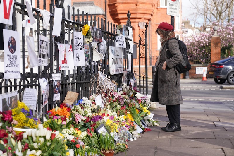 Flowers were left outside the Russian embassy in London on the day of the funeral of Vladimir Putin’s opponent Alexei Navalny