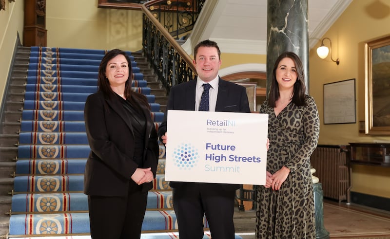 Natasha Sayee, Belfast Harbour corporate affairs director; James Eyre, Titanic Quarter CEO; and Retail NI vice president, Anna McErlean launching the Future High Streets Summit.