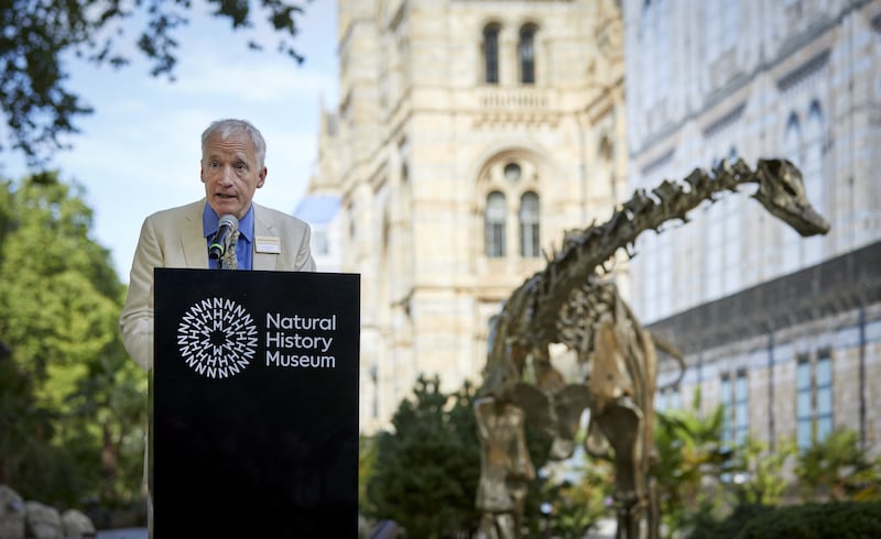 Museum director Dr Doug Gurr speaks at the unveiling the bronze dinosaur, which has been nicknamed Fern at the Natural History Museum in London