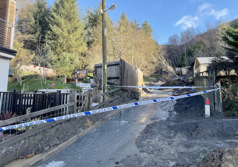 Debris on a street in Cwmtillery, Wales, where a mudslide forced residents from their homes