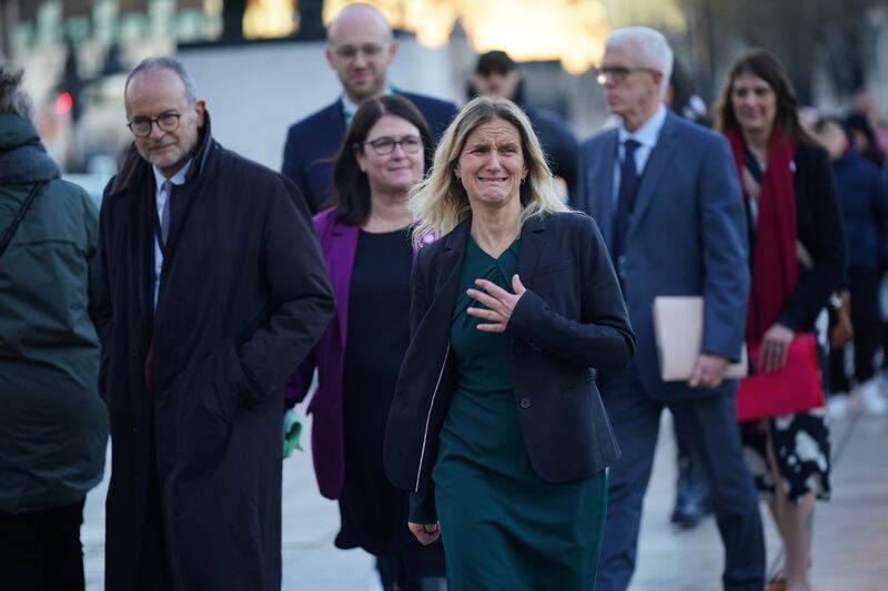 Labour MP Kim Leadbeater makes her way to speak to the media and supporters of the Dignity in Dying campaign group outside the Houses of Parliament