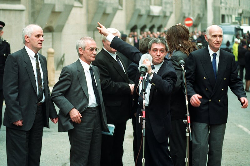 Paddy Hill with Hugh Callaghan, Richard McIlkenny and John Walker outside Old Bailey after the convictions of the Birmingham Six were quashed