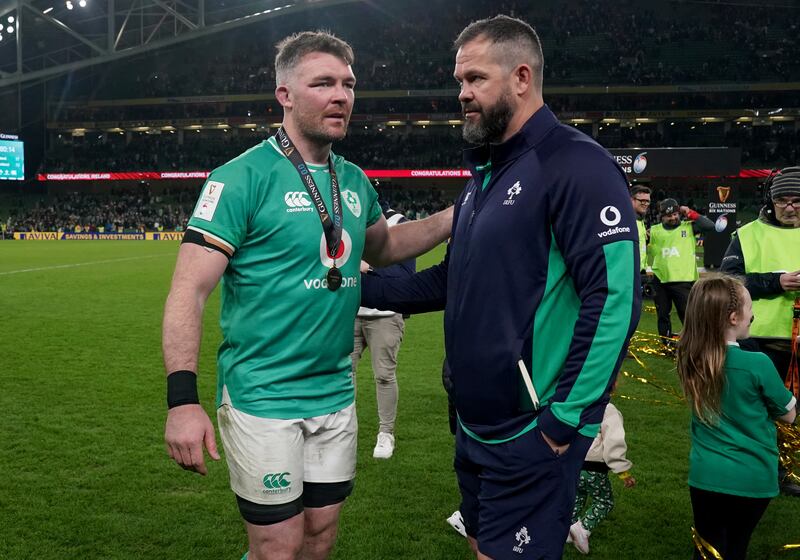 Andy Farrell, right, will hold talks with Ireland captain Peter O’Mahony about his future