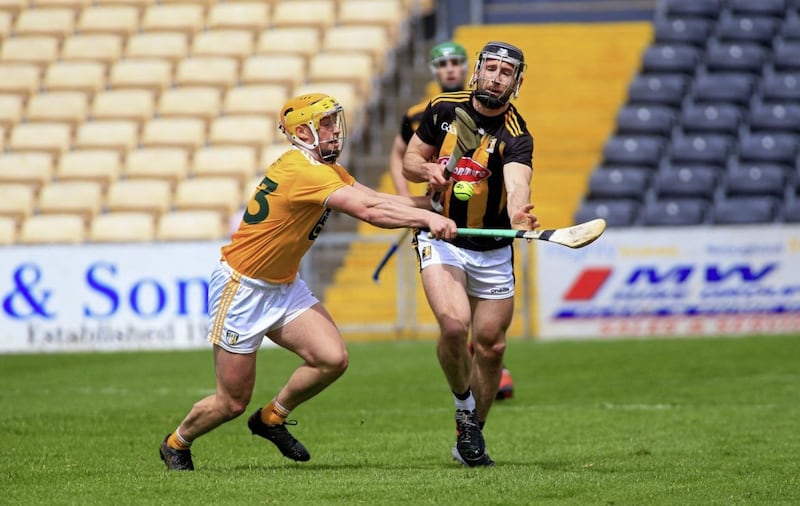 Antrim&#39;s Conor Johnston blocks Kilkenny&#39;s Conor Fogarty at Nowlan Park on Sunday. Picture: Seamus Loughran 