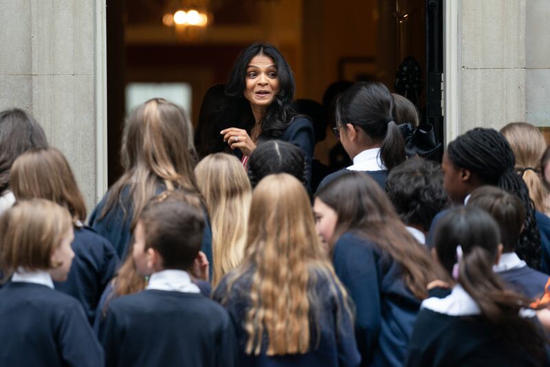 The Prime Minister’s wife Akshata Murty welcomed the schoolchildren to 10 Downing Street
