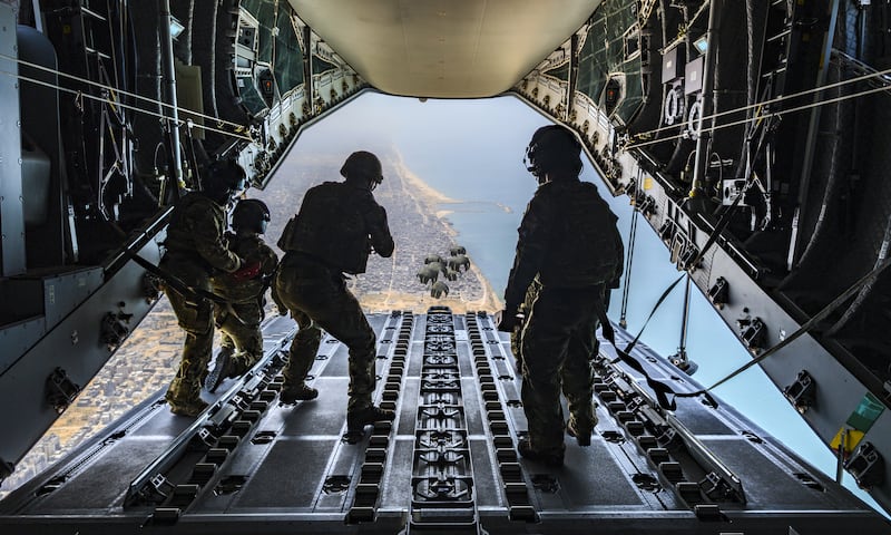 Humanitarian aid being air-dropped over Gaza from an RAF A400M Atlas aircraft