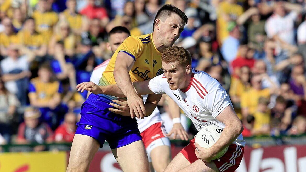 Tyrone&#39;s Peter Harte and Roscommon&#39;s Brian Stack in action during the GAA Football All-Ireland Senior Championship Quarter-Final Group 2 Phase 1 between Tyrone and Roscommon at Dr Hyde Park in Roscommon on Sunday July 13 2019 Picture by Philip Walsh. 