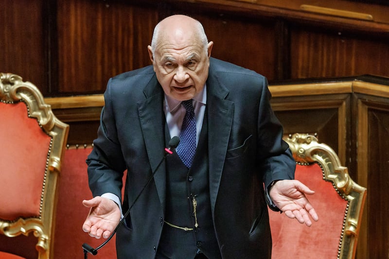 Italian justice minister Carlo Nordio addresses the Senate during the report on the justice administration in Rome (Roberto Monaldo//LaPresse via AP)