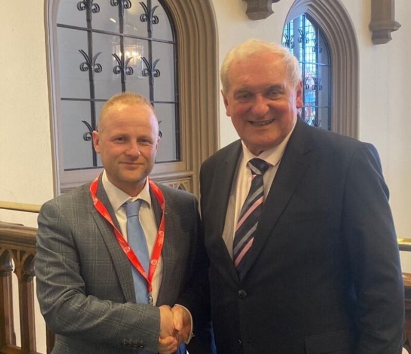 Loyalist Jamie Bryson pictured with former Taoiseach Bertie Ahern at QUB's Agreement 25 conference on Tuesday. Picture: Jamie Bryson/Twitter