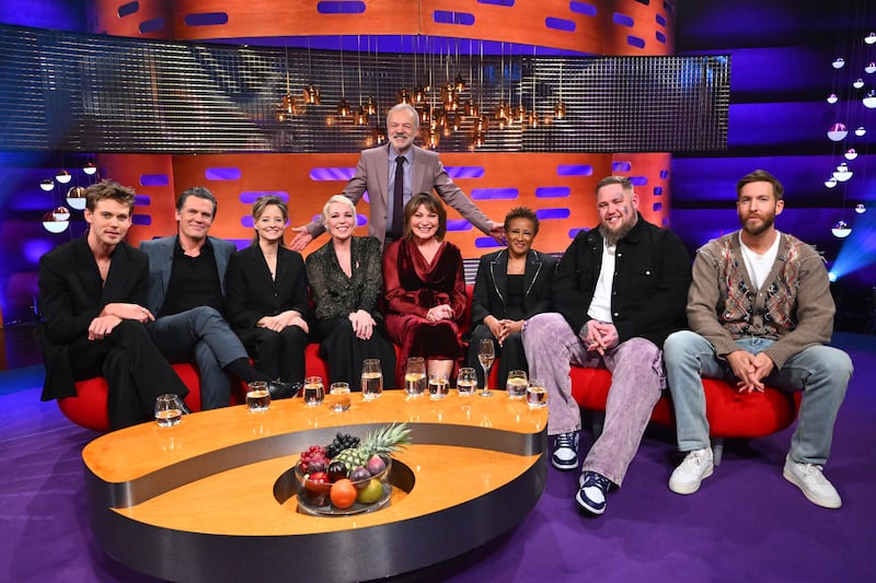 Austin Butler, Josh Brolin, Jodie Foster, Olivia Colman, Lorraine Kelly, Wanda Sykes, Rag‘n’Bone Man and Calvin Harris during the filming for The Graham Norton Show