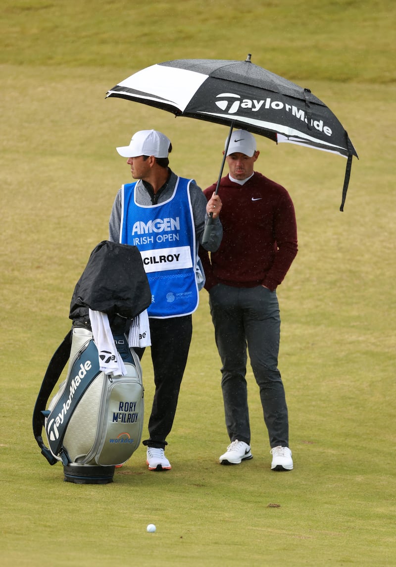 Rory McIlroy on the fairway of the 1st hole during day one of the Amgen Irish Open 2024 at Royal County Down. PICTURE: LIAM MCBURNEY/PA