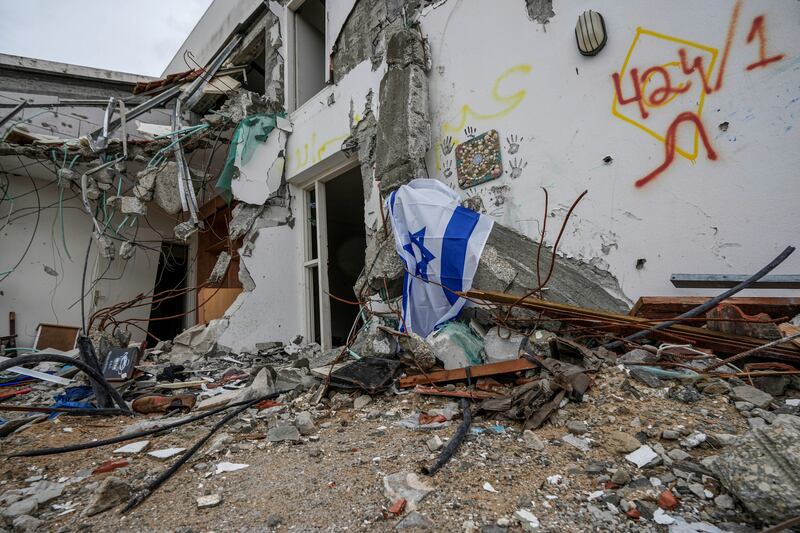 A battle-scarred home in Kibbutz Be’eri, an Israeli communal farm on the Gaza border (Tsafrir Abayov/AP)