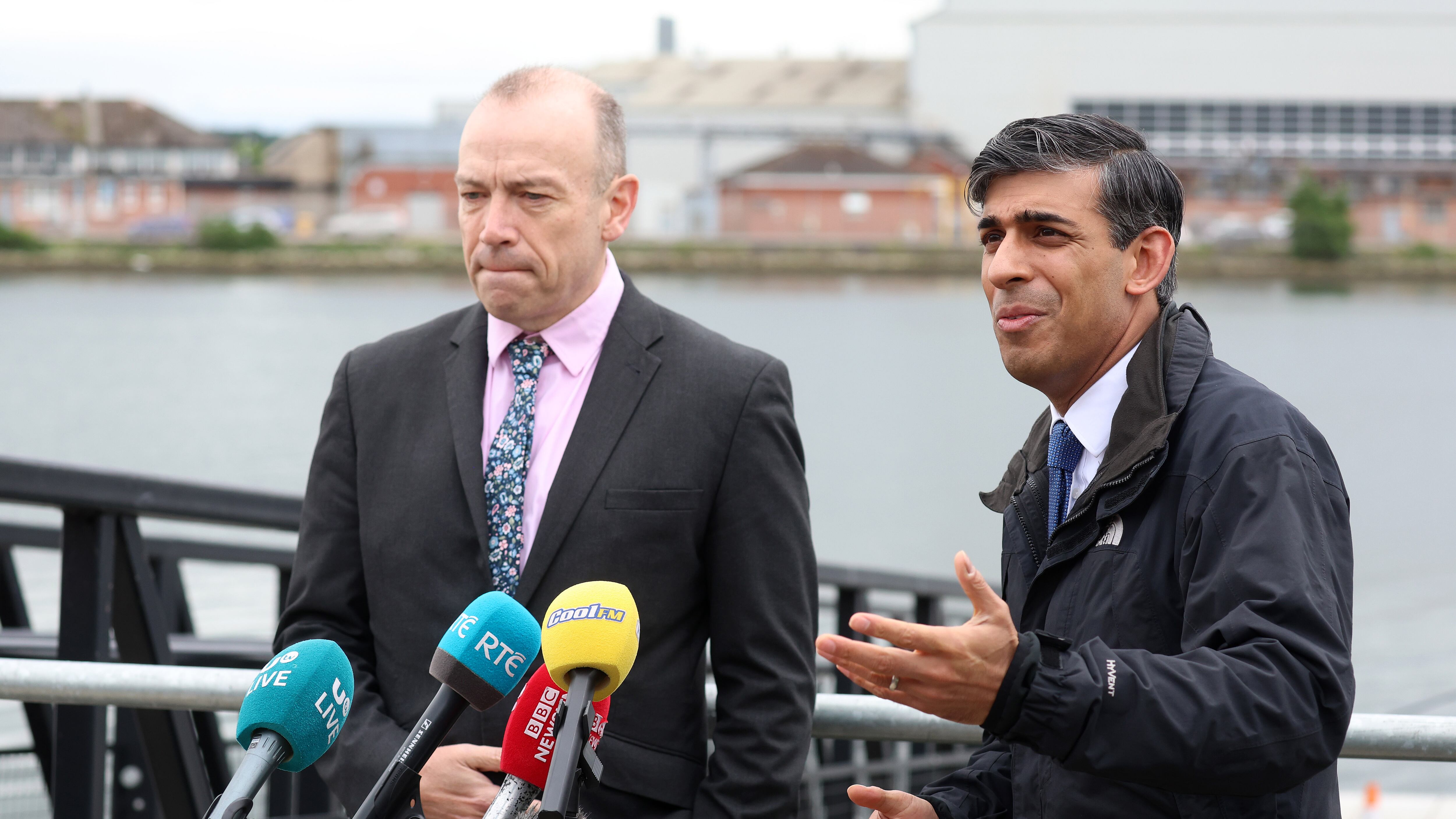 British Prime Minister Rishi Sunak in Belfast with outgoing NI Secretary of State Chris Heaton-Harris on the latest leg of his election campaign tour in Belfast. PICTURE: MAL MCCANN