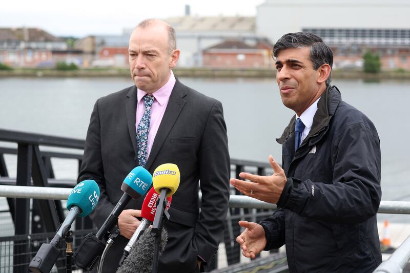 British Prime Minister Rishi Sunak in Belfast with outgoing NI Secretary of State Chris Heaton-Harris on the latest leg of his election campaign tour in Belfast. PICTURE: MAL MCCANN