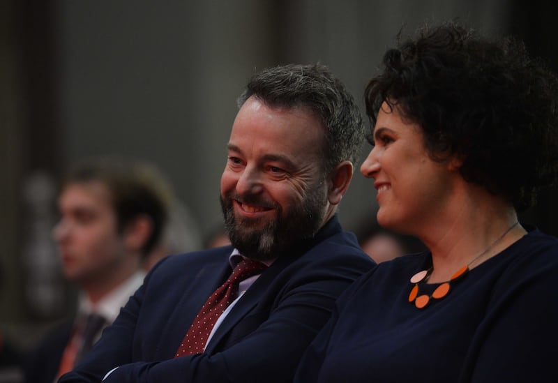 Colum Eastwood and Claire Hanna, before speaking in her first speech as party leader, during the Social Democrat and Labour Party (SDLP) annual conference at the Crowne Plaza Hotel in Belfast