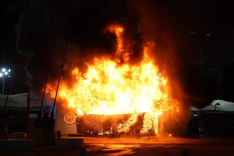 A fire broke out at a merchandise kiosk outside the Etihad Stadium