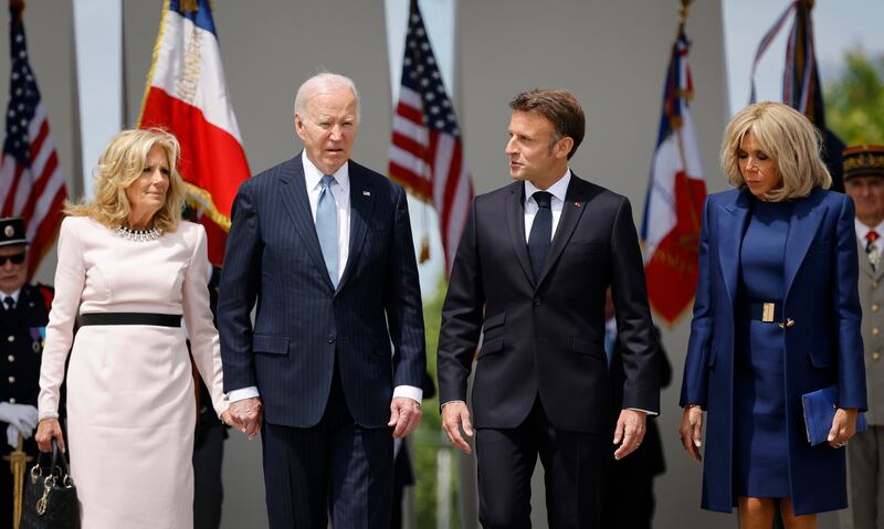 French President Emmanuel Macron with US President Joe Biden, First Lady Jill Biden and Brigitte Macron (Ludovic Marin, Pool via AP)