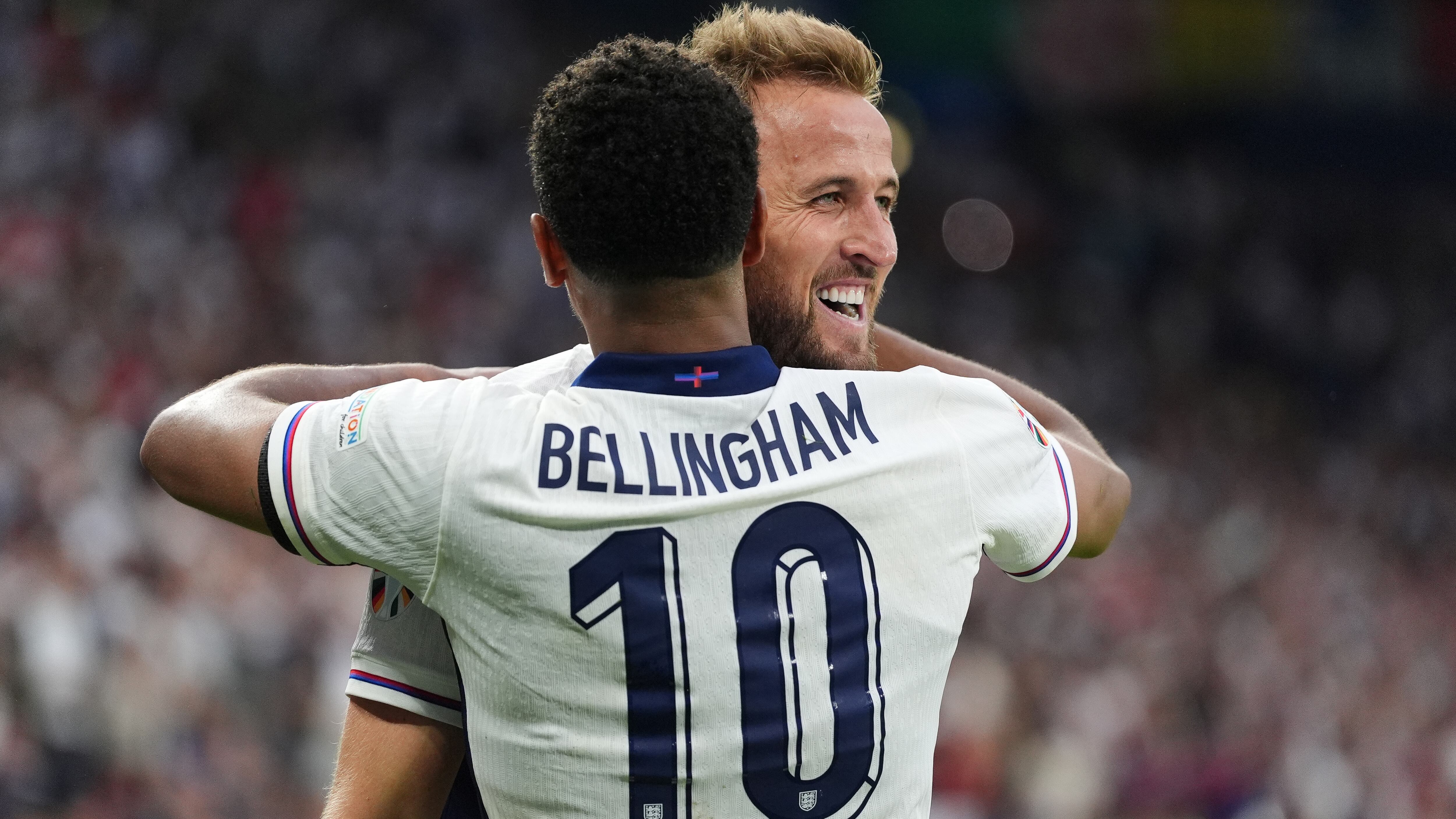 England’s Harry Kane celebrates with Jude Bellingham after putting England ahead