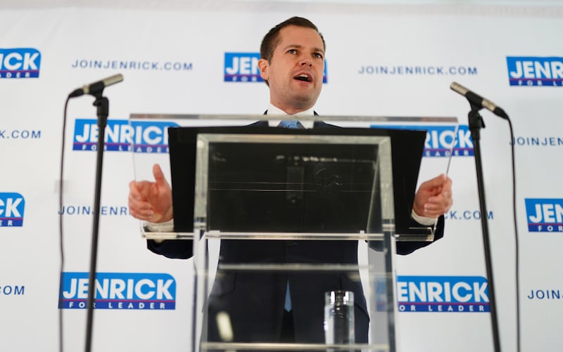 Conservative Party leadership candidate Robert Jenrick delivers a speech at Policy Exchange in London