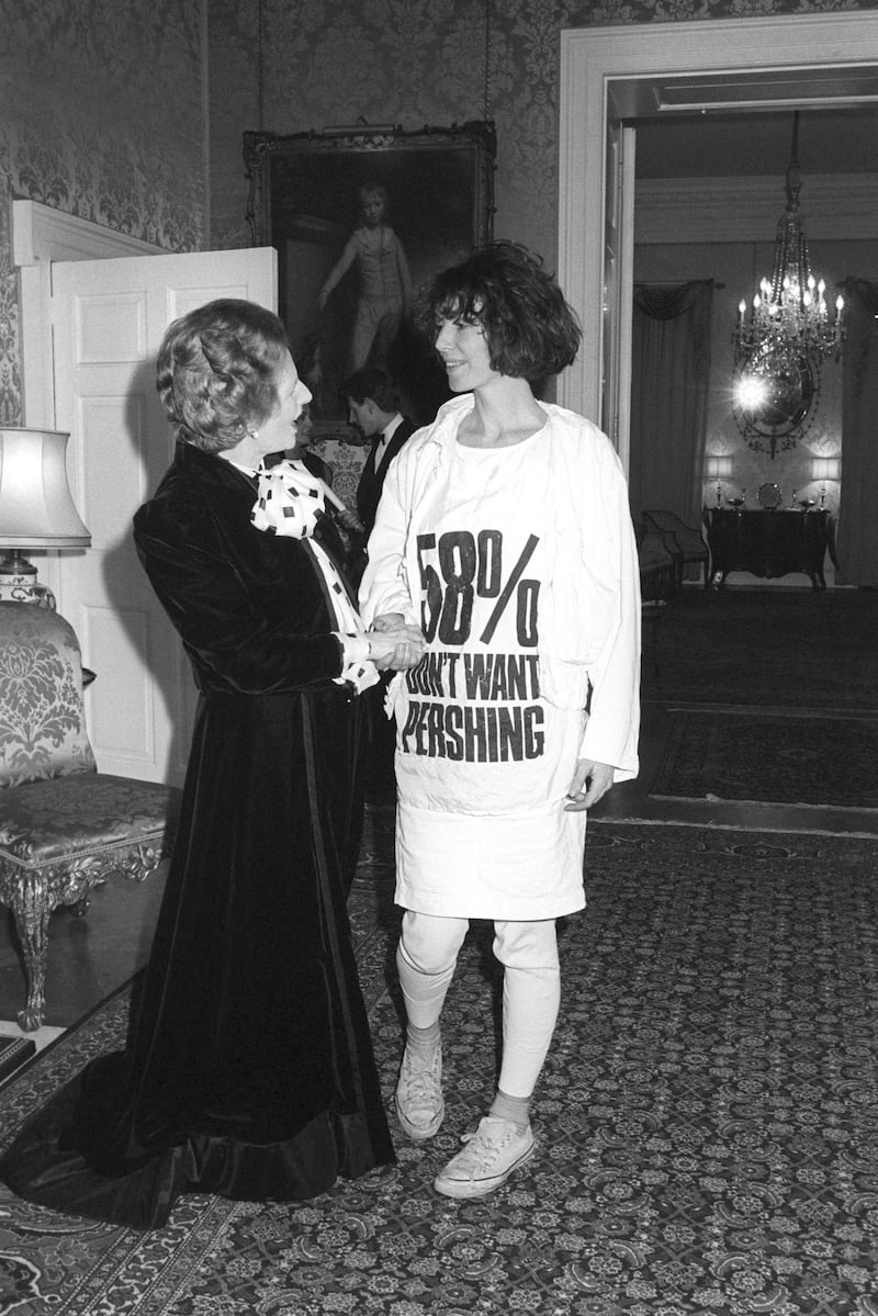 Katharine Hamnett notably wore a t-shirt with a nuclear missile protest message to meet the PM