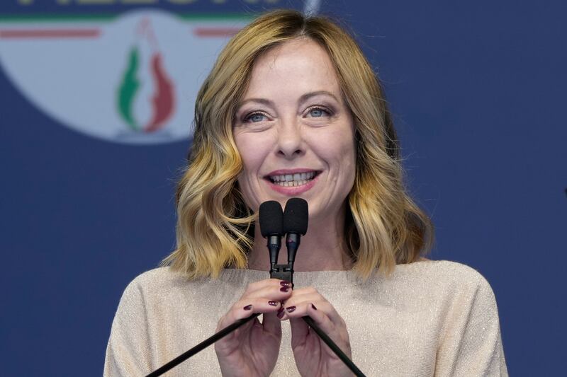 Italian Premier Giorgia Meloni delivers her speech during at an electoral rally ahead of the EU parliamentary Migration is a top campaign issue for leaders such as Italian Premier Giorgia Meloni (AP)