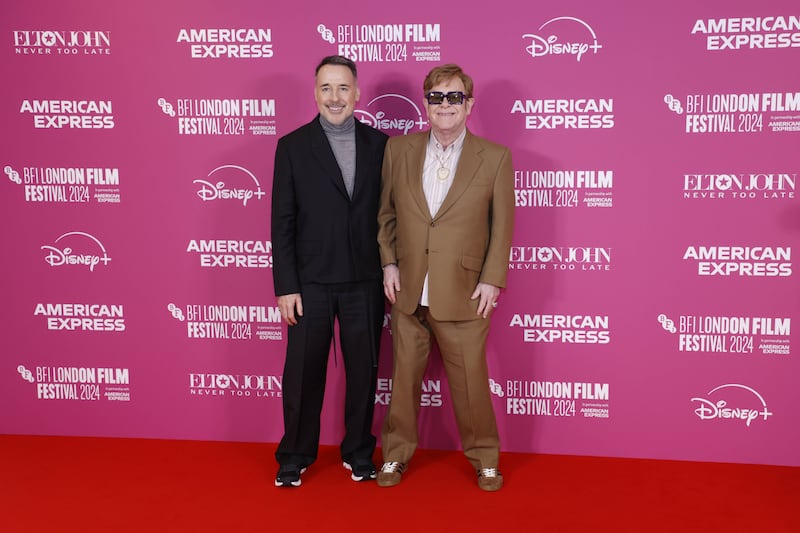 David Furnish and Sir Elton John attend the premiere of Elton John: Never Too Late