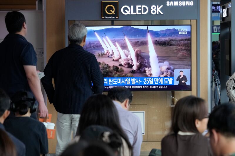 A TV screen shows a file image of North Korea’s missiles launch during a news programme at the Seoul Railway Station in Seoul, South Korea, on Friday (Ahn Young-joon/AP)