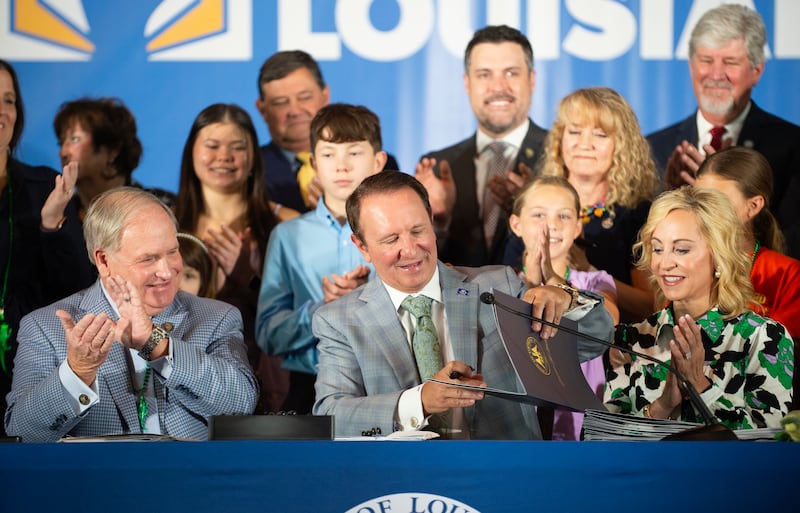 Jeff Landry signs bills related to his education plan on Wednesday (Brad Bowie/The Times-Picayune/The New Orleans Advocate via AP)