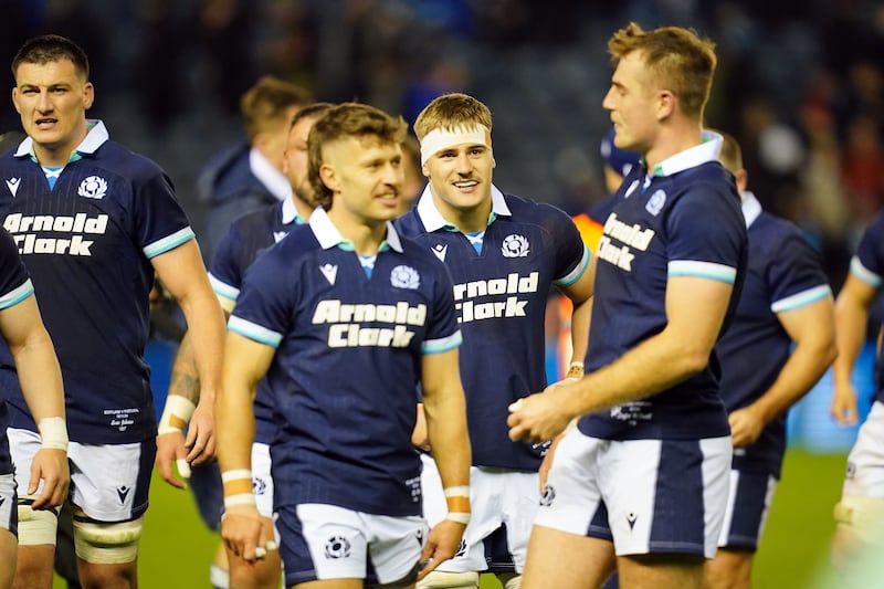 Freddy Douglas (centre) came off the bench to become the youngest Scotland debutant since Donald White in 1963