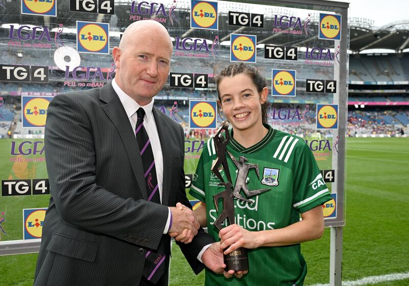 Eimear Smyth of Fermanagh receives the Player of the Match award from Rónán Ó Coisdealbha, Head of Sport, TG4, following the TG4 All-Ireland Ladies Junior Football Championship Final between Fermanagh and Louth at Croke Park, Dublin. Photo by Ray McManus/Sportsfile