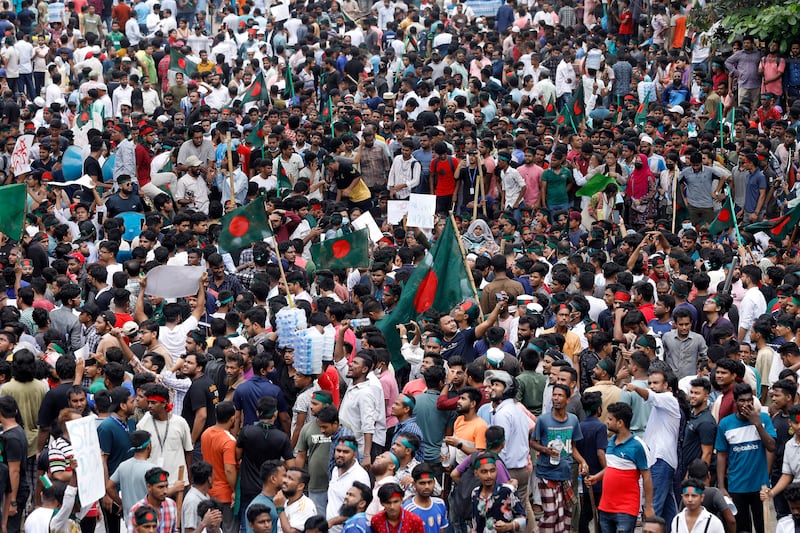 A rally against Prime Minister Sheikh Hasina, demanding justice for the victims killed in the recent countrywide deadly clashes (Rajib Dhar/AP)