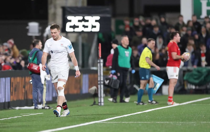 Ulster Rugby's Zac Ward off due to an injury against Munster at Kingspan Stadium