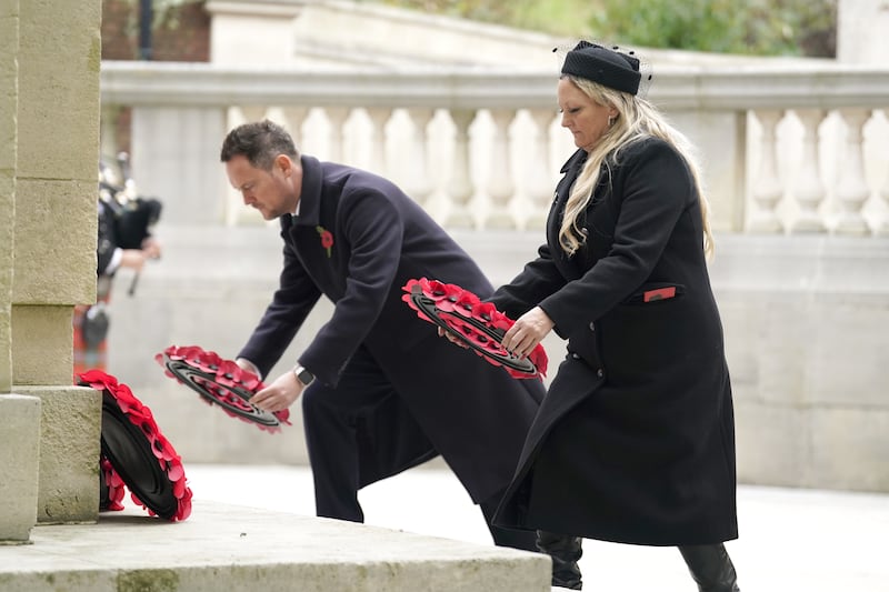 Labour MPs Amanda Martin and Stephen Morgan laid wreaths during the Remembrance Sunday service in Guildhall Square, Portsmouth