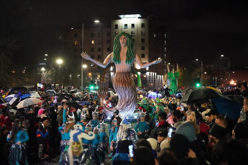 Performers during the Derry Halloween parade in Derry in 2022