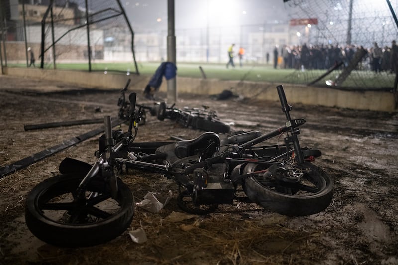 Bicycles next to the area that was hit by a rocket in the Golan Heights (Leo Correa/AP)