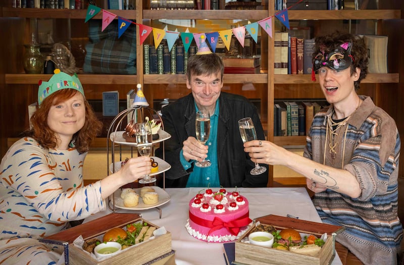 (L-R) Keira Brown from Edinburgh UNESCO City of Literature Trust author Ian Rankin, and Edinburgh Makar Michael Pederson celebrate the capital’s 20 years as a City of Literature 07702 246823